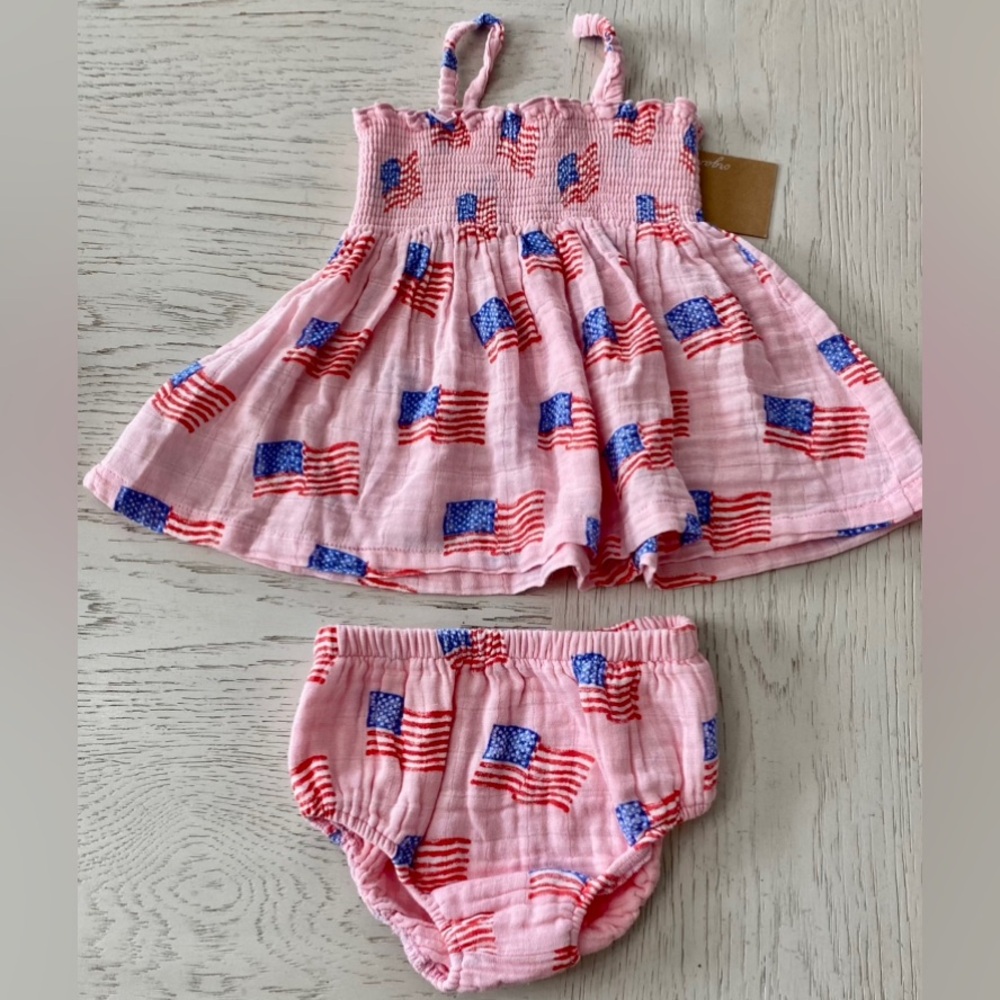 Angel Dear Pink Red White Blue Patriotic American Flag Muslin Short Set 2T - Picture 2 of 7